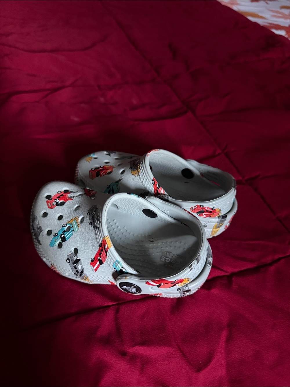 CROCS Kids White Clog with Colorful Race Car Print